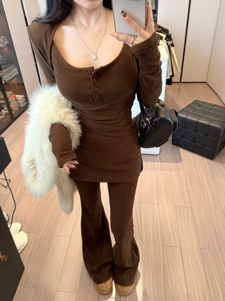 【set】フェイクレイヤードニットトップス×ベルボトムパンツセット Q9327