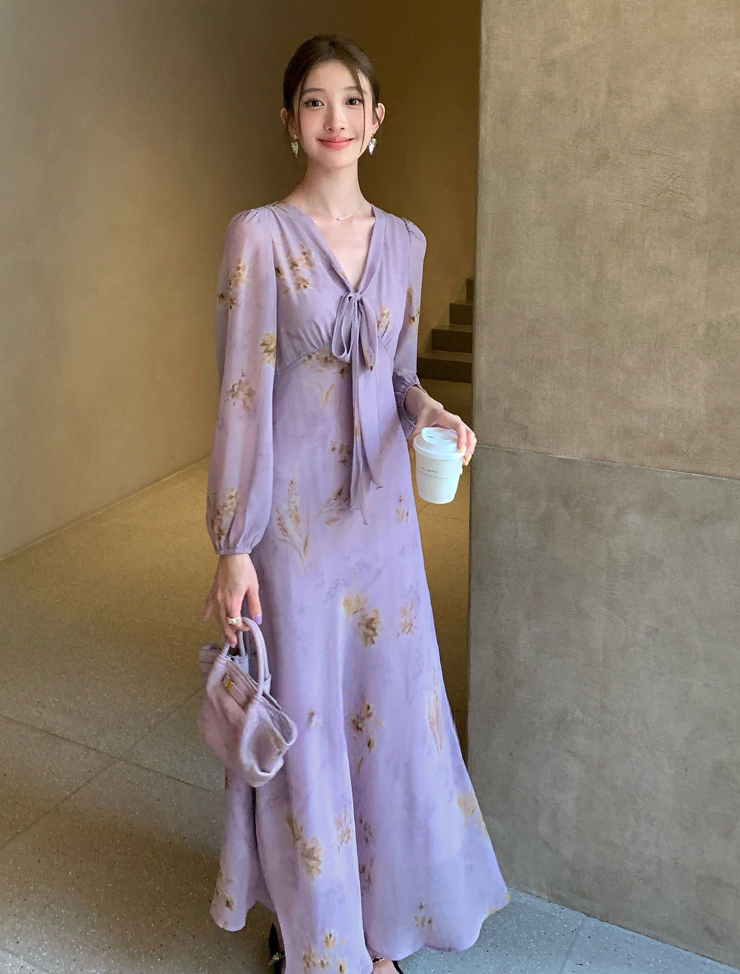 【dress】ボウタイフラワー柄ロングワンピース Q8919