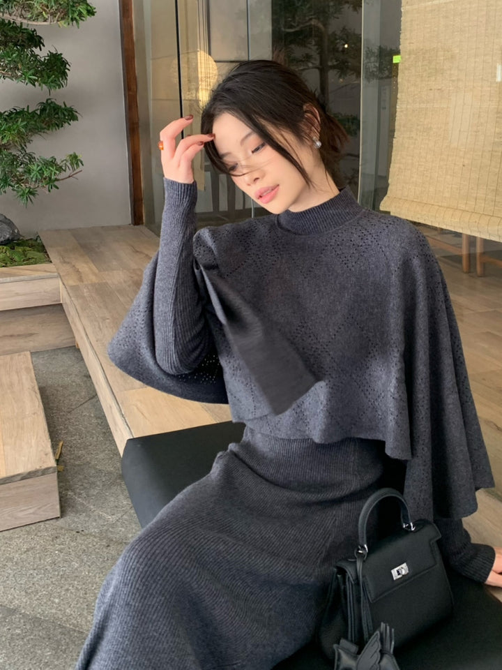 【set】ニットケープトップス×ロングニットワンピースセット Q9261
