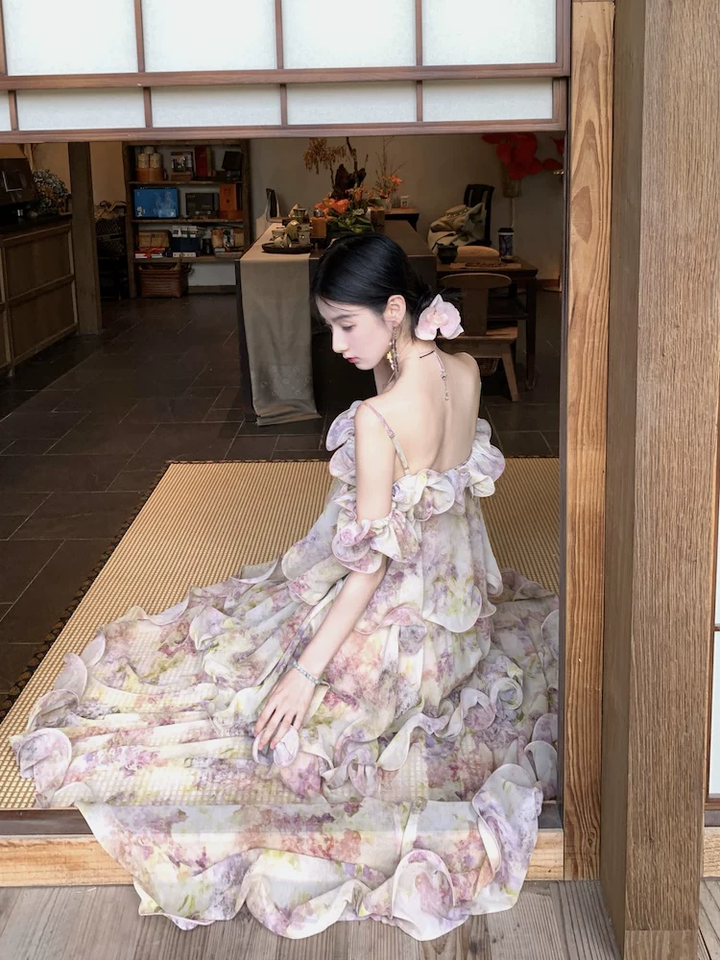 【dress】フラワー柄ギャザーフリルロングキャミワンピース Q8552