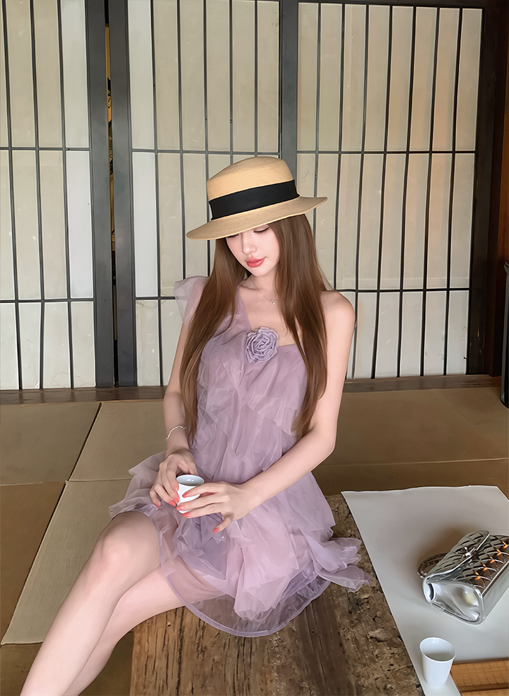 【dress】ワンショルダーチュールティアードワンピース Q8603