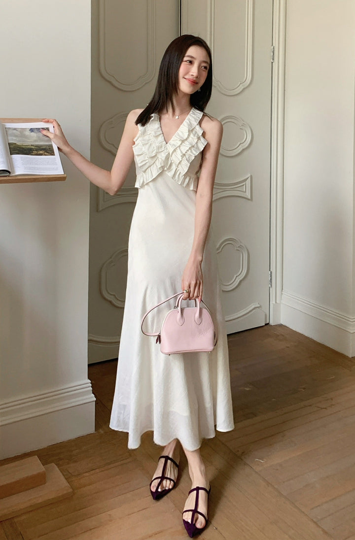 【dress】ノースリーブVネックギャザーフリルワンピース Q8678