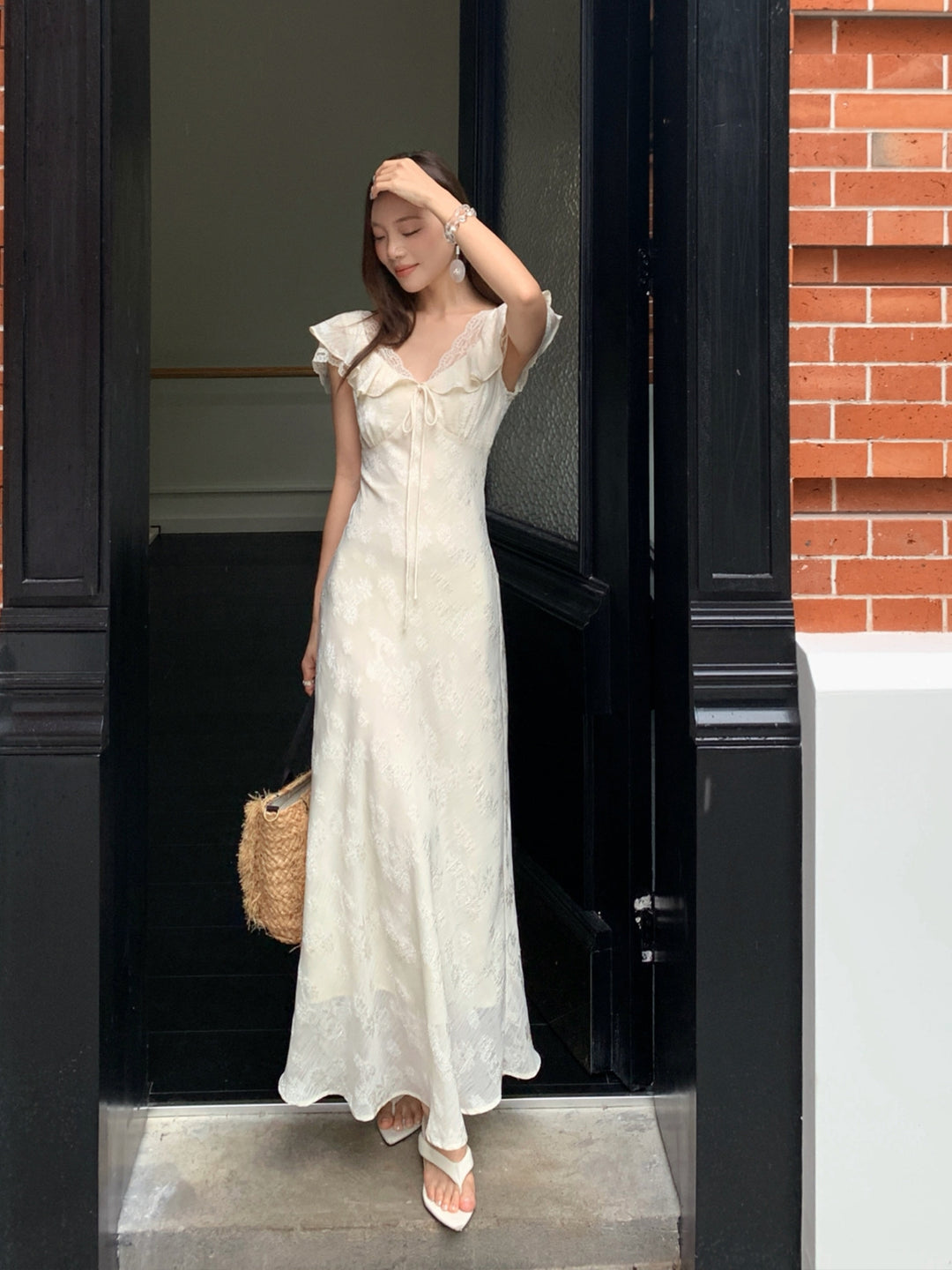 【dress】レースドッキングフラッタースリーブワンピース Q8658