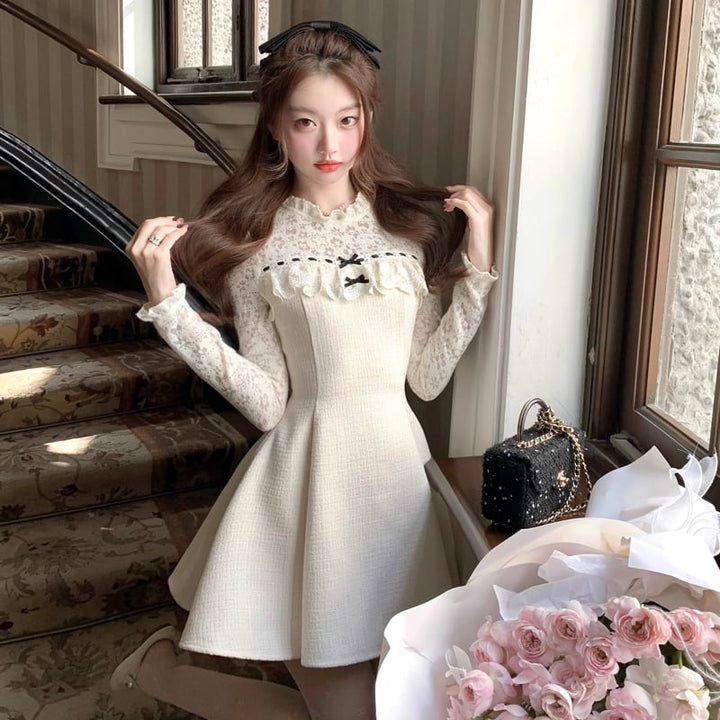 【dress】レースドッキングフレアワンピース Q7645