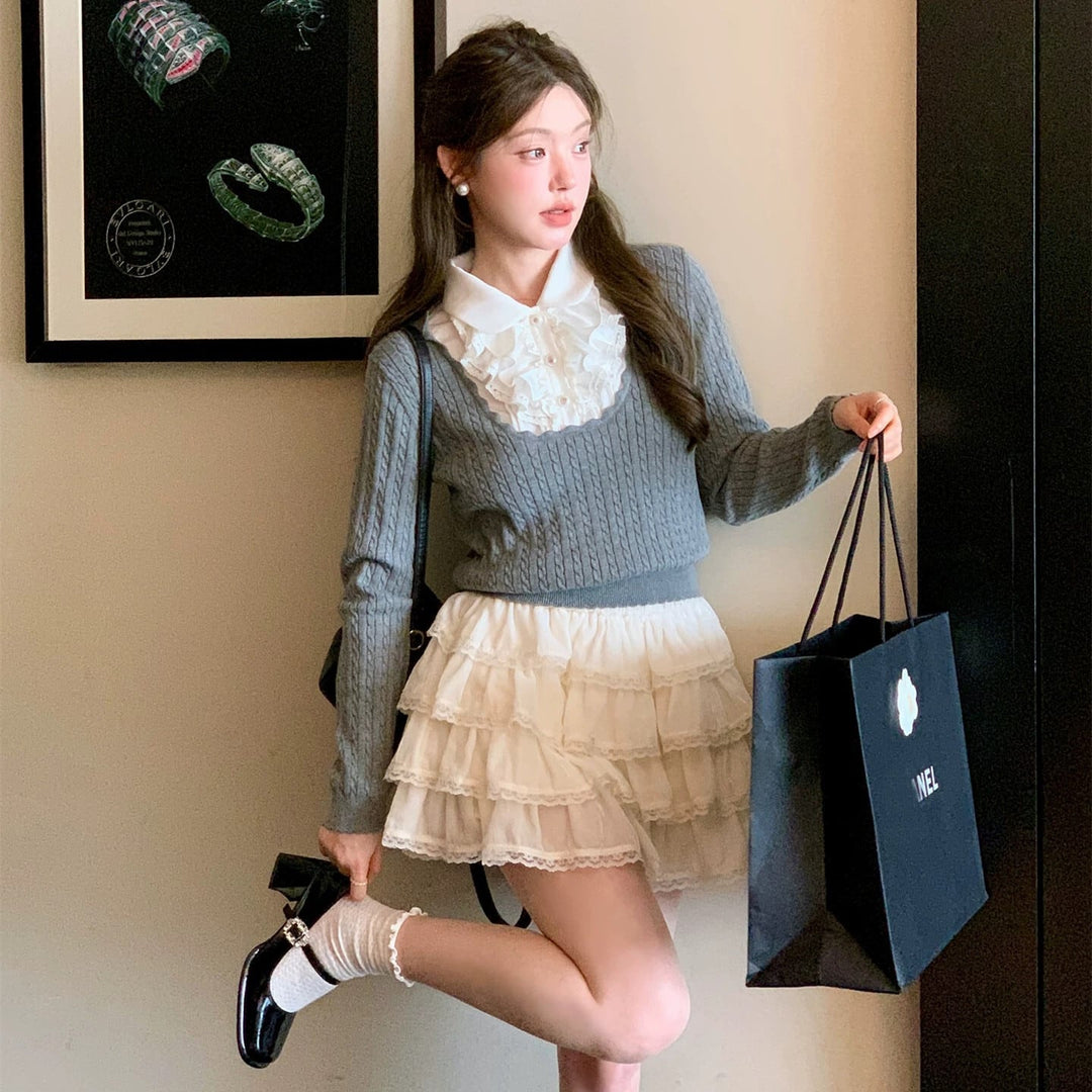 【tops】レースフリルドッキングニットトップス　N3362