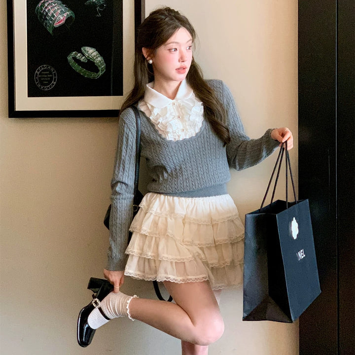 【tops】レースフリルドッキングニットトップス　N3362