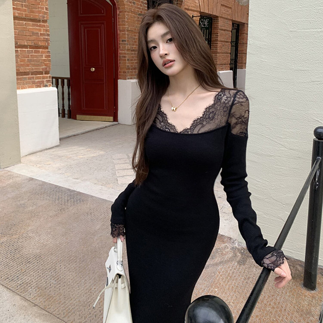 【dress】レースドッキングマーメイドニットワンピース　N2902