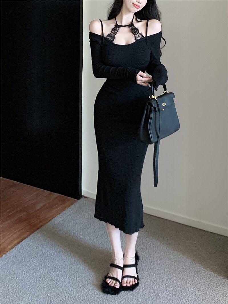 【dress】レースドッキングニットワンピース　M27875