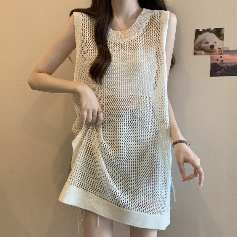【tops】透け感ロングニットベスト Q8236