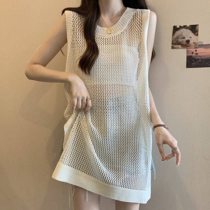 【tops】透け感ロングニットベスト Q8236