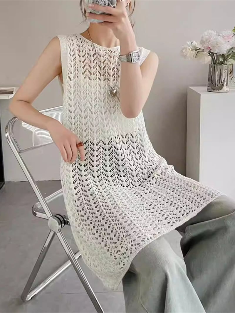 【tops】透かしロングニットベスト Q8310