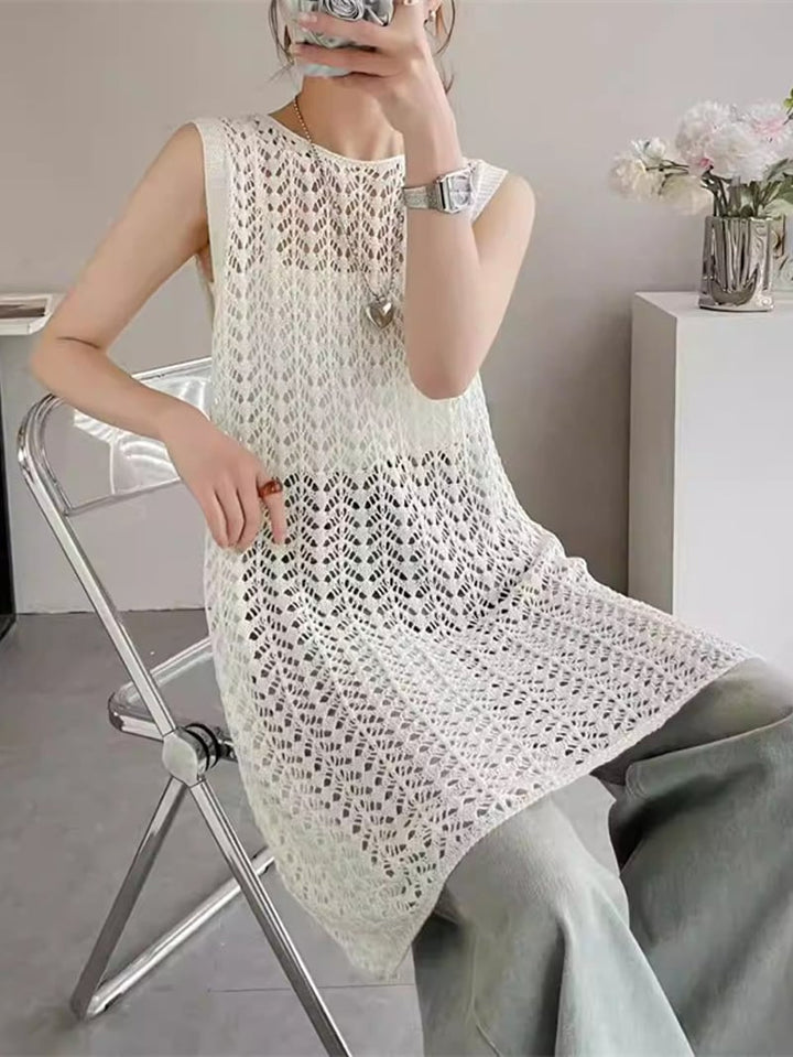 【tops】透かしロングニットベスト Q8310
