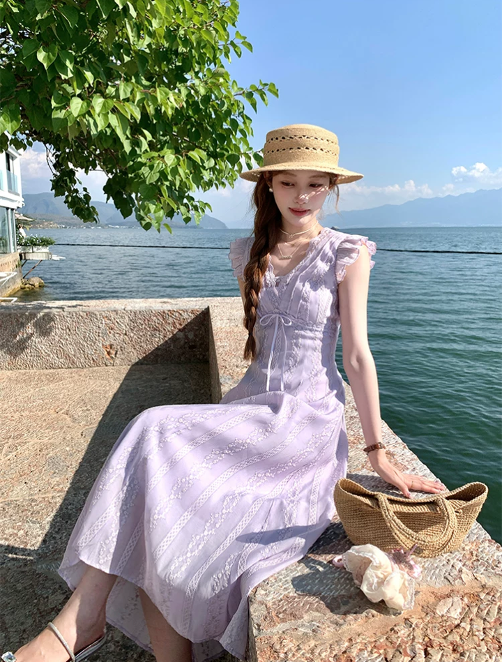 【dress】レースドッキングフラッタースリーブロングワンピース Q8531