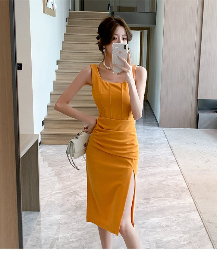 【dress】韓国系エレガントスリットキャミワンピース　M17097