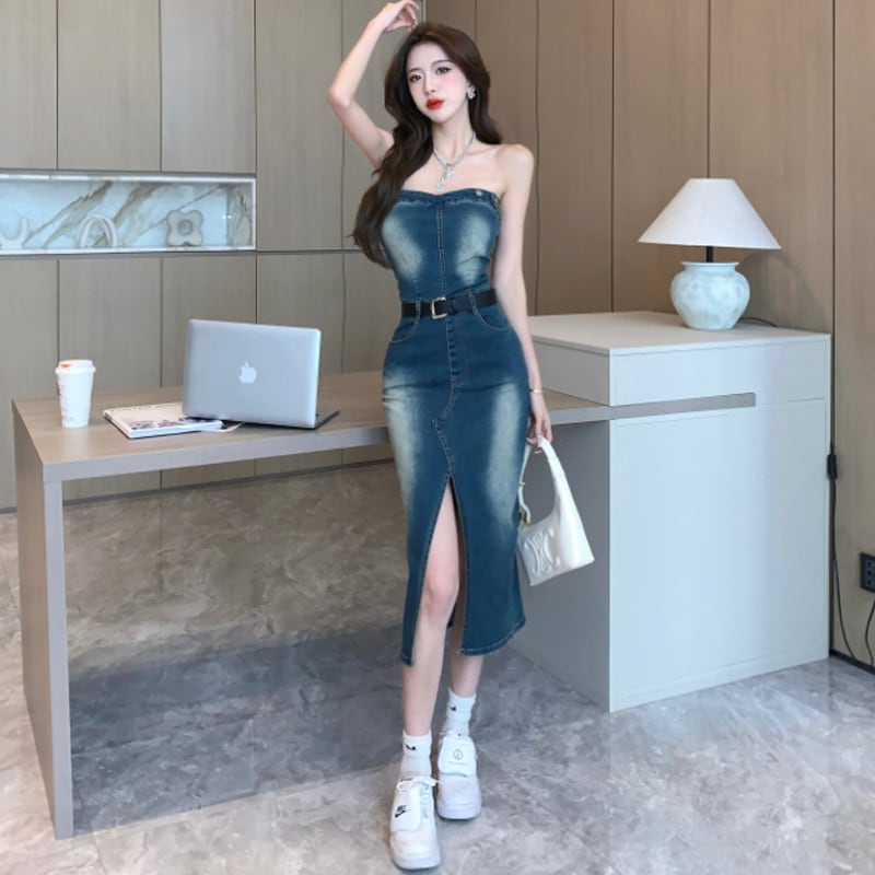 【dress】韓国系ファッションセクシーデニムワンピース　M17191