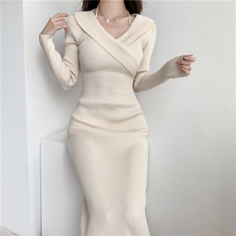 【dress】おしゃれ大人気Vネック無地ニットワンピース　M17566