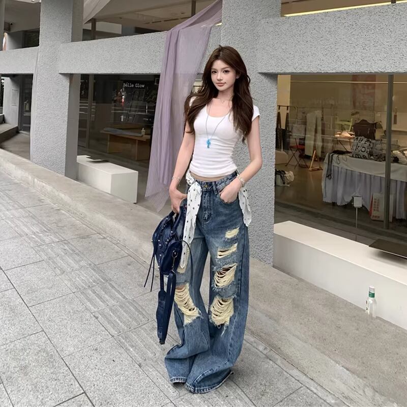 【bottoms】ダメージ加工デニムパンツ Q8303