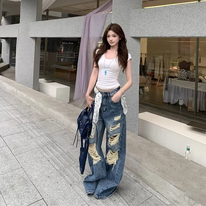 【bottoms】ダメージ加工デニムパンツ Q8303
