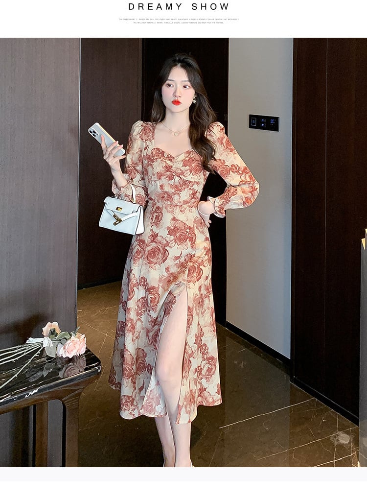 【dress】話題沸騰中 オシャレスリット花柄ワンピース　M17306