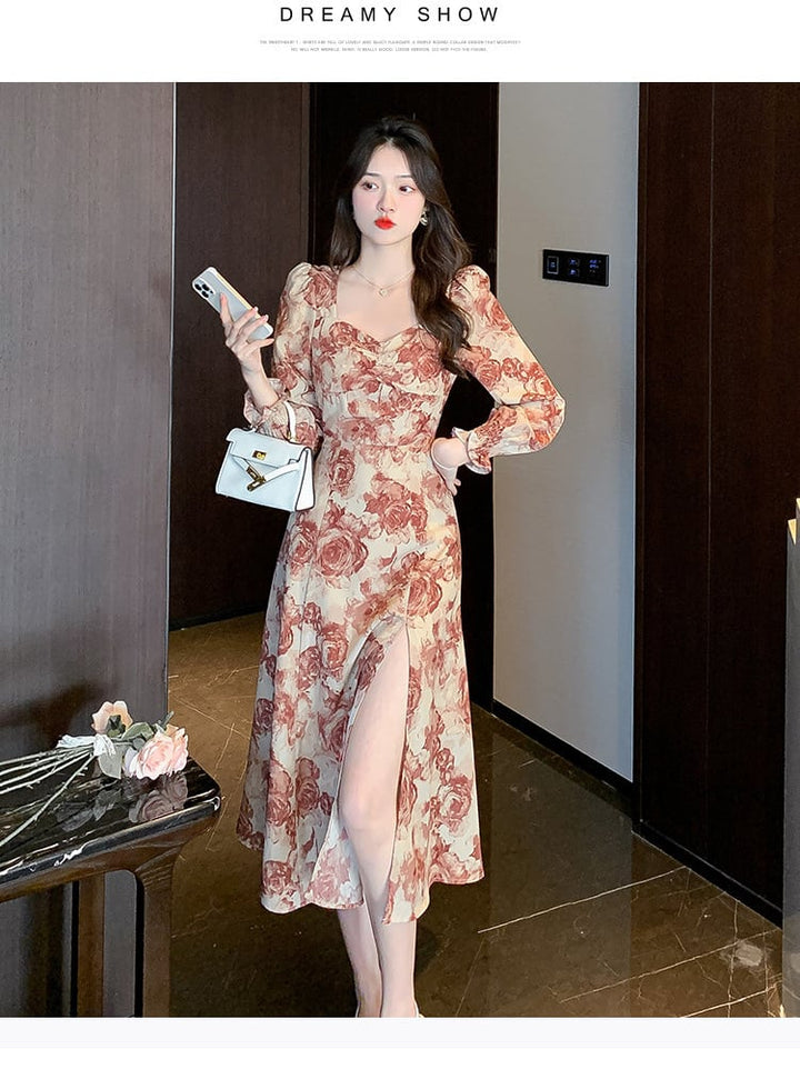 【dress】話題沸騰中 オシャレスリット花柄ワンピース　M17306