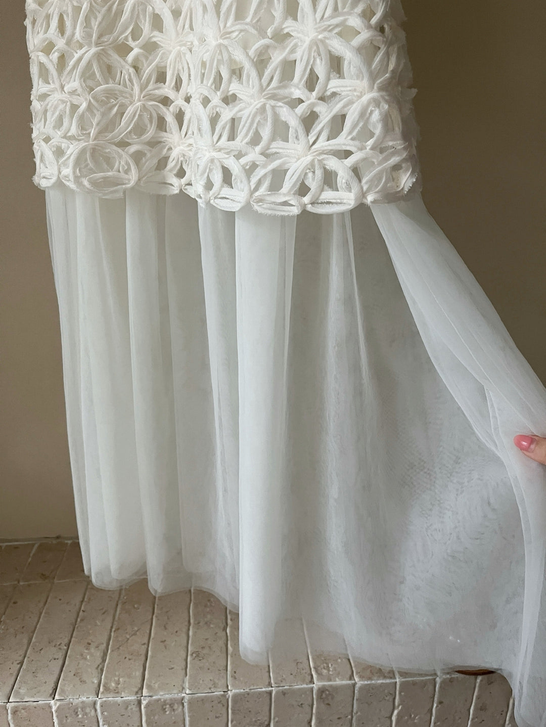 【dress】ノースリーブチュールドッキングロングワンピース Q8674