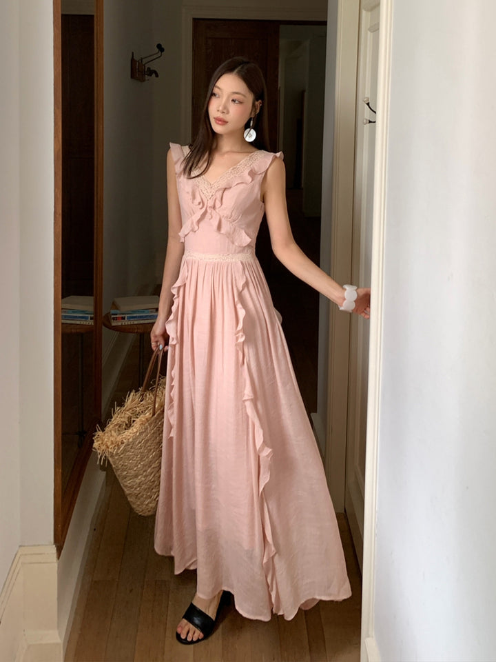 【dress】ノースリーブレースドッキングロングワンピース Q8657