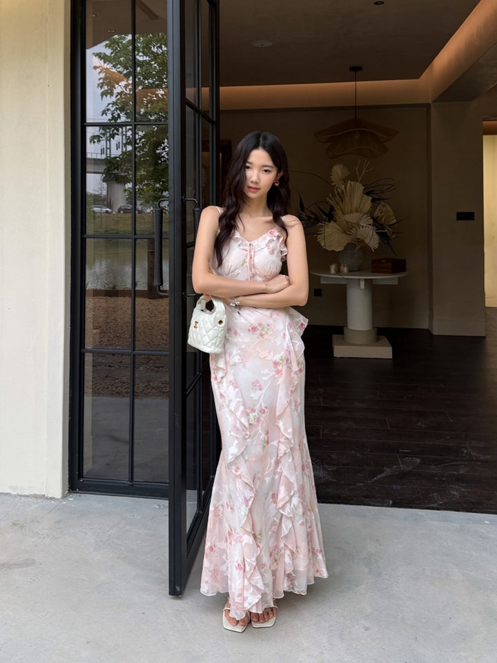 【dress】フラワー柄ギャザーフリルロングキャミワンピース Q8668