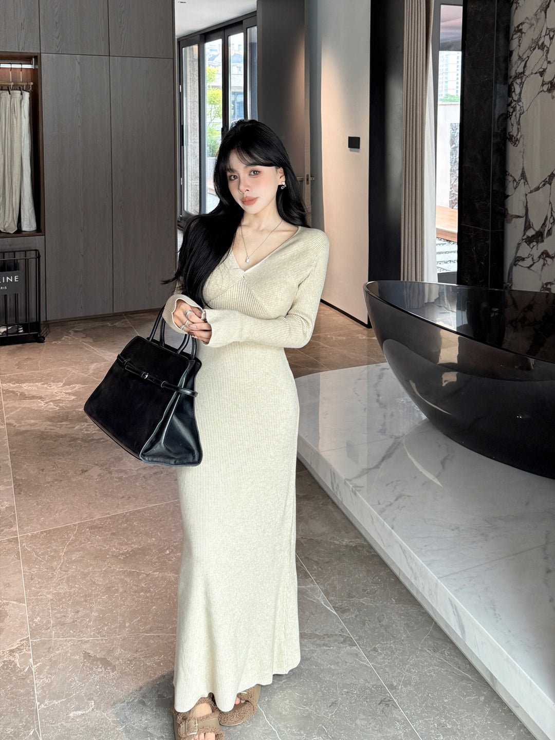 【dress】Vネックロングニットワンピース Q9187
