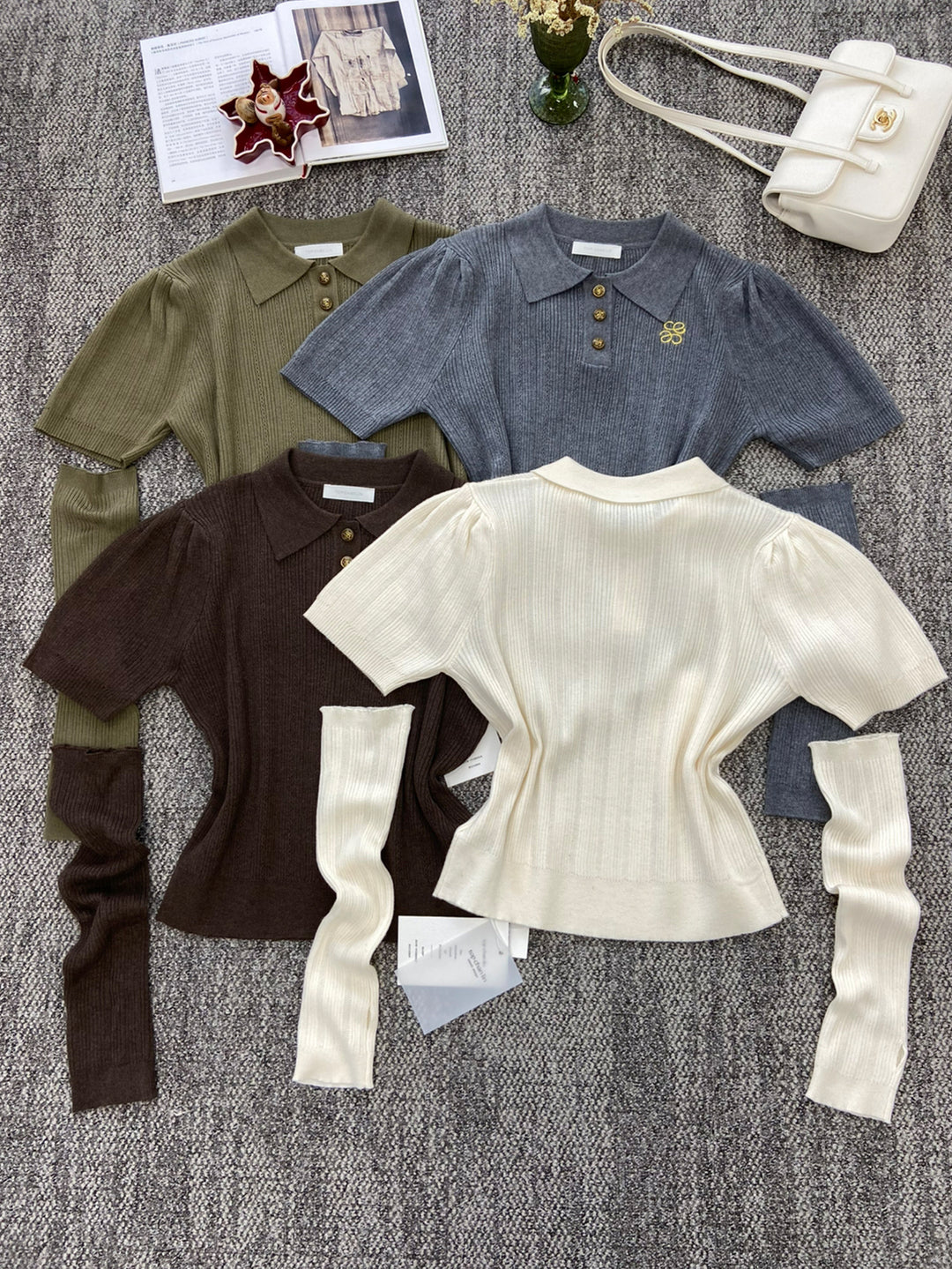 【tops】アームカバー付きニットポロシャツ Q8949