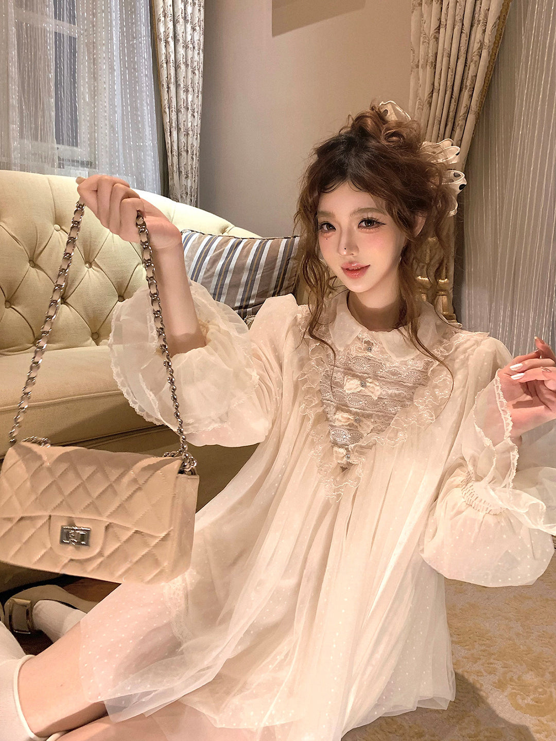 【dress】ギャザーフリルレースドッキングミニワンピース Q9229
