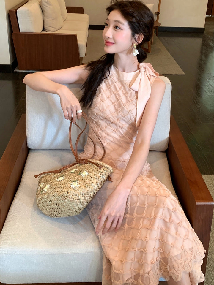 【dress】ノースリーブリボン付きロングワンピース Q8679
