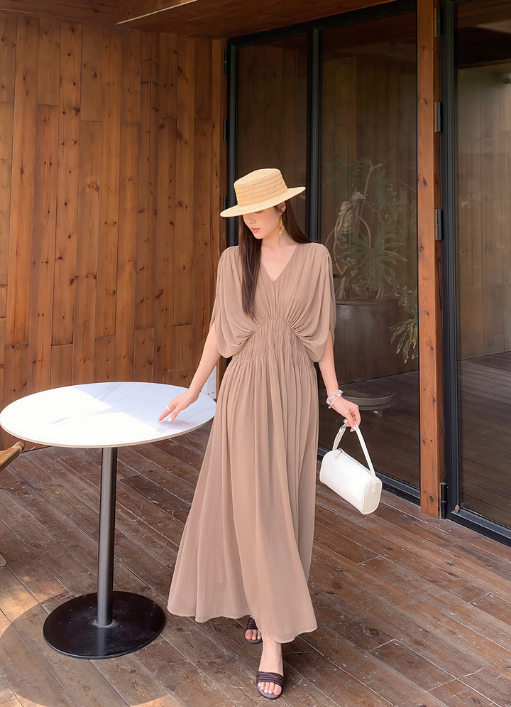 【dress】Vネックギャザーロングワンピース Q8756