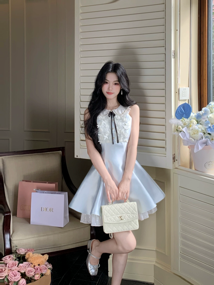 【dress】レースドッキングピーターパンカラーミニワンピース Q8549