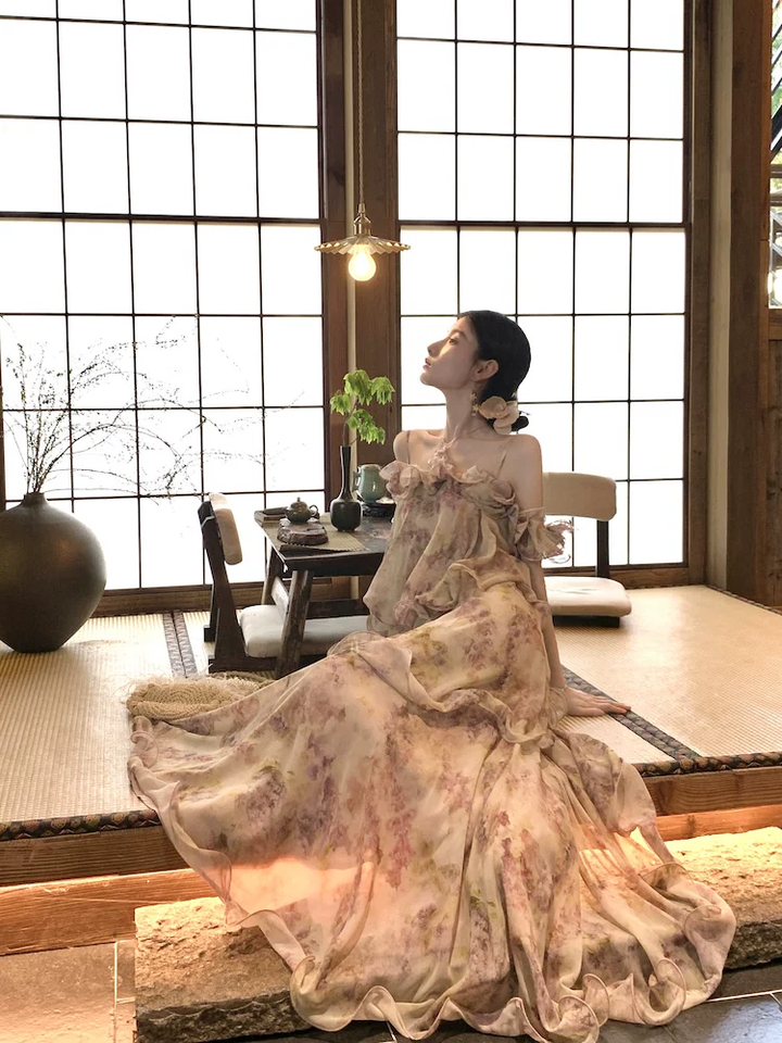 【dress】フラワー柄ギャザーフリルロングキャミワンピース Q8552