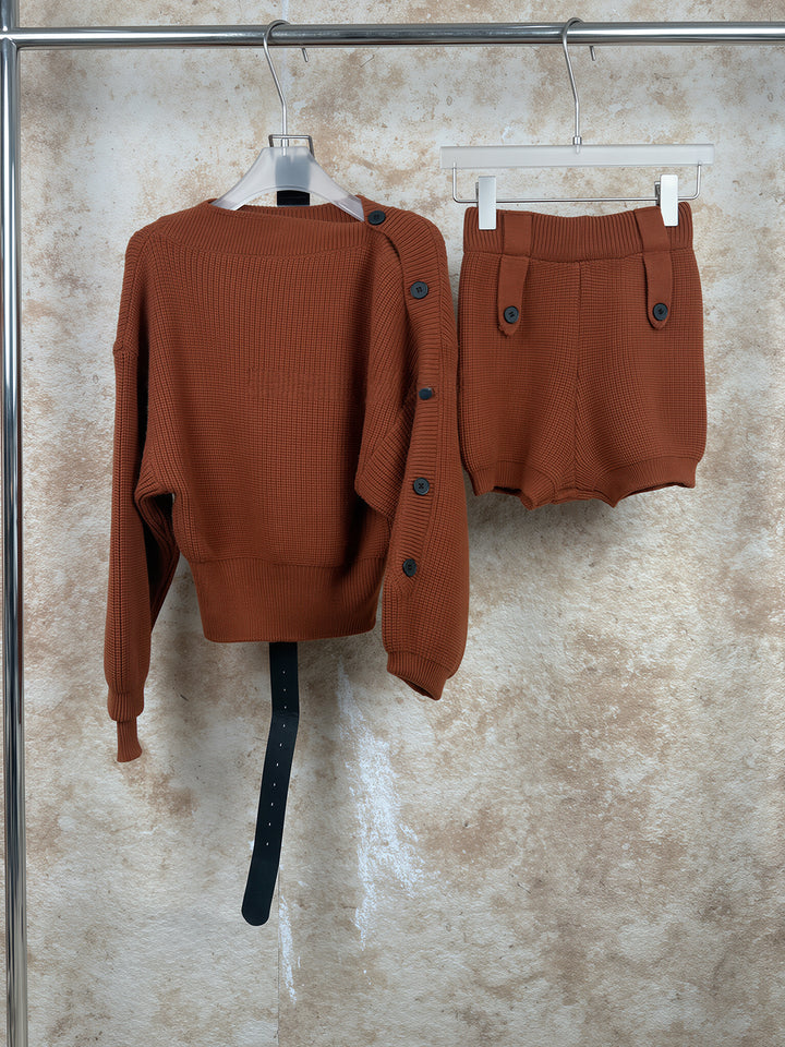 【set】ワンショルダーニットトップス×ベルト付きショートパンツセット Q9339