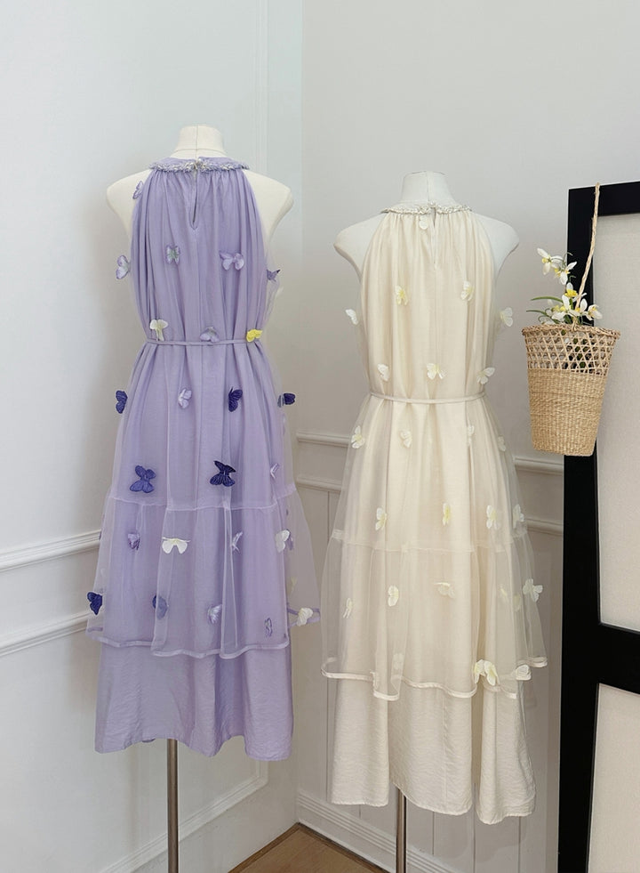 【dress】ノースリーブ立体感蝶ロングワンピース Q8662