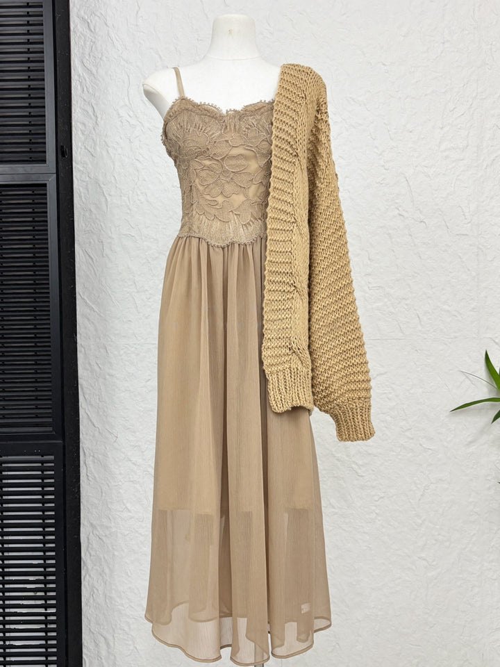 【set】レースドッキングロングキャミワンピース×ニットカーディガンセット Q9295