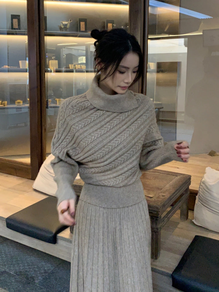 【set】ハイネックニットトップス×ロングスカートセット Q9253
