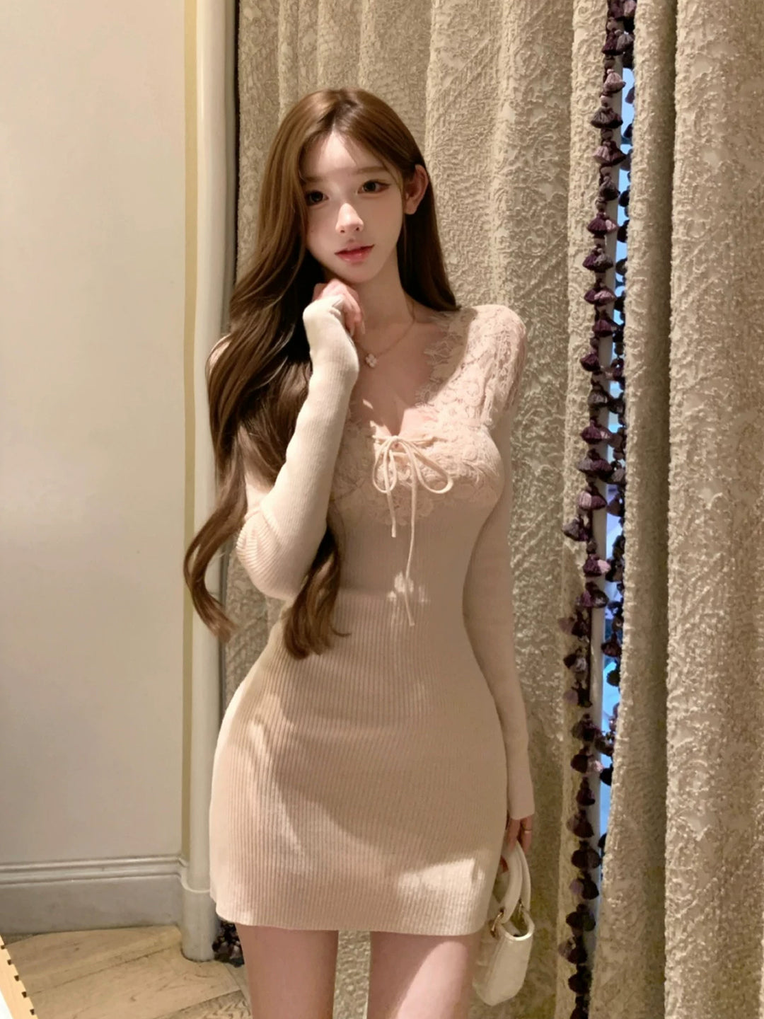 【dress】レースドッキングニットワンピース Q9233