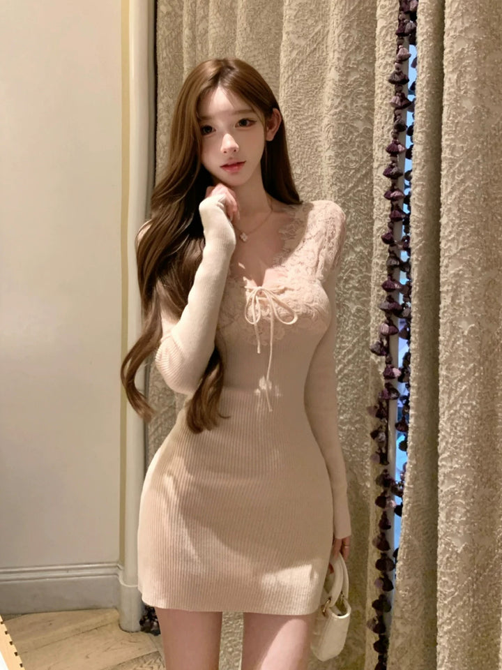 【dress】レースドッキングニットワンピース Q9233