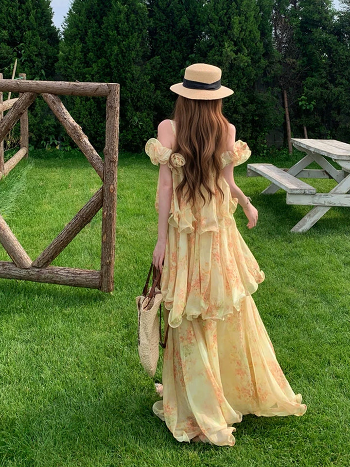 【dress】フラワー柄ロングティアードキャミワンピース Q8643