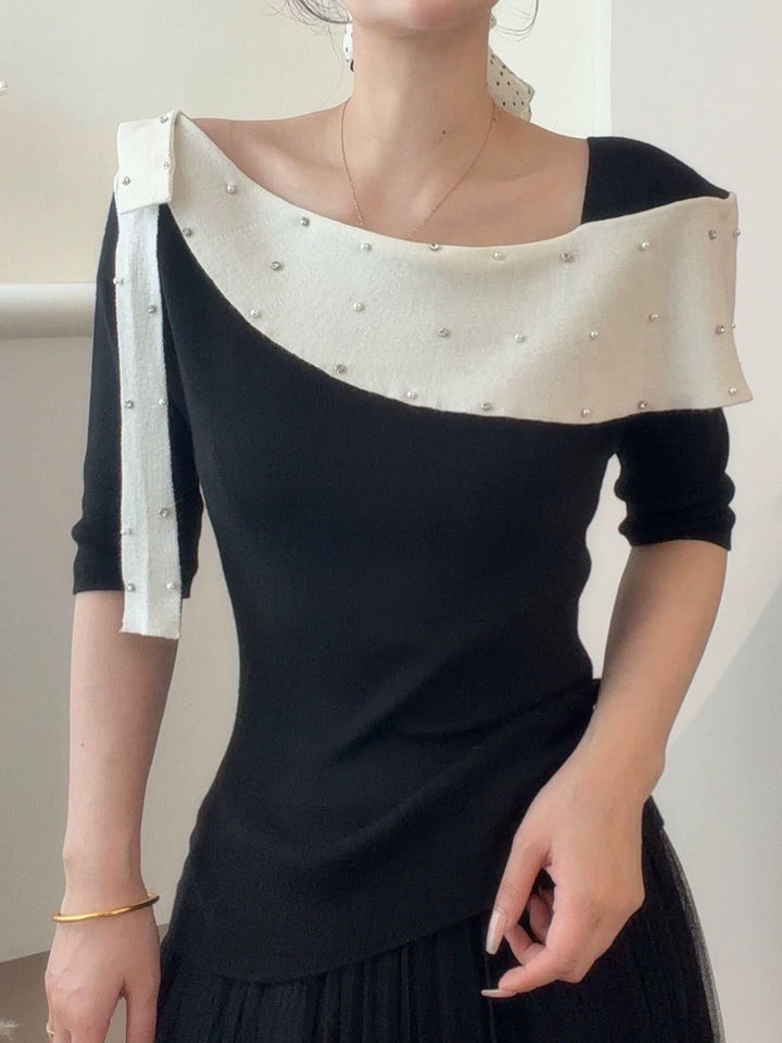 【tops】ラインストーン付きロールカラーニットトップス Q9076