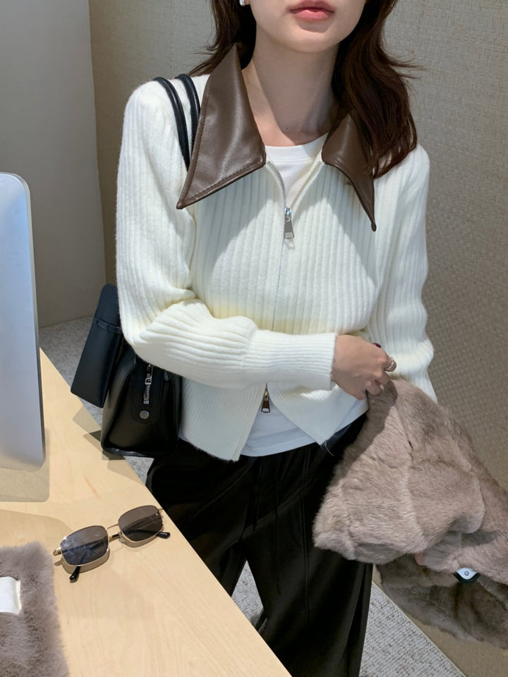 【outer】PUネックドッキングニットカーディガン Q9267