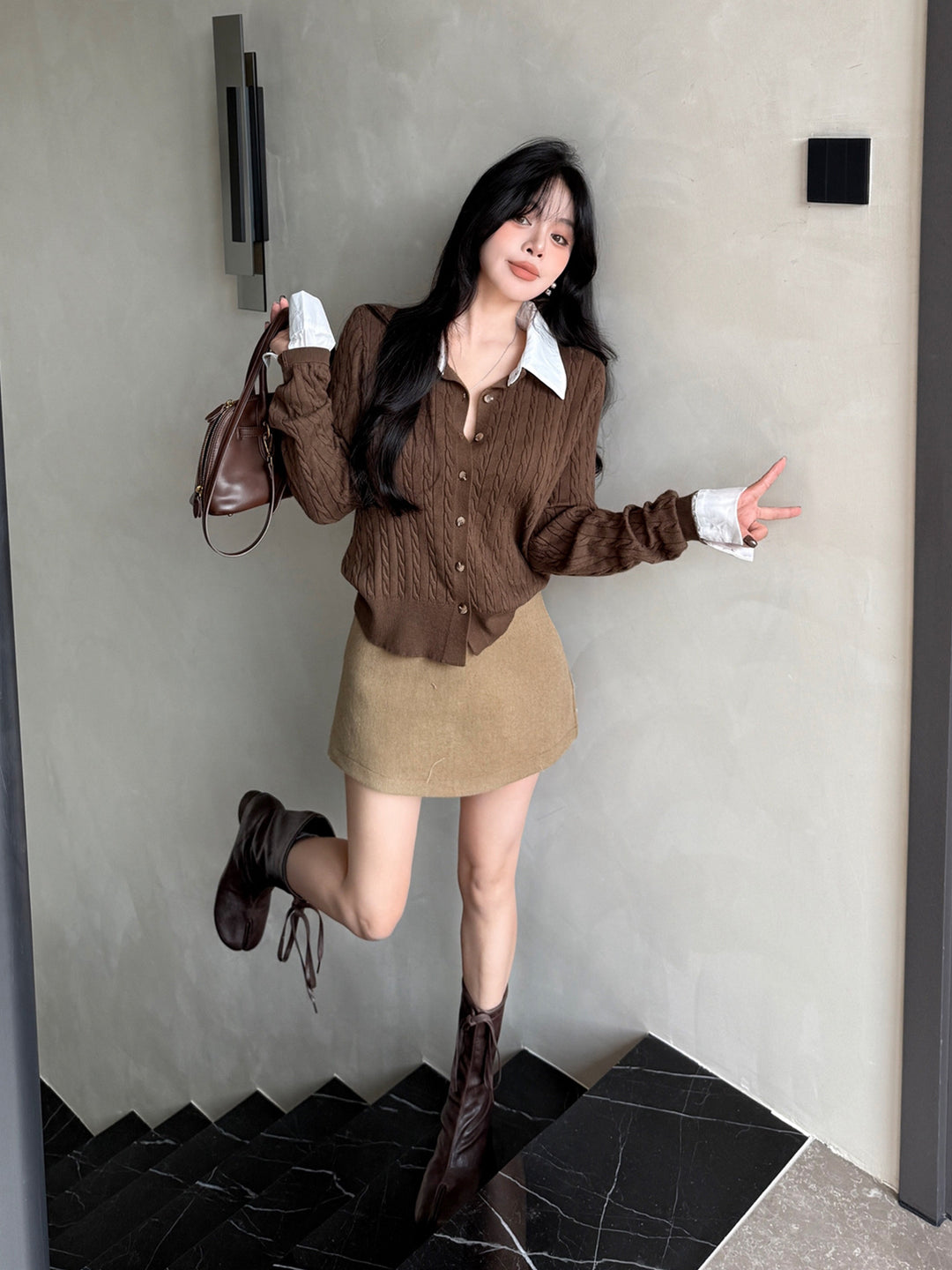 【tops】シャツネックフェイクレイヤードニットトップス Q9186