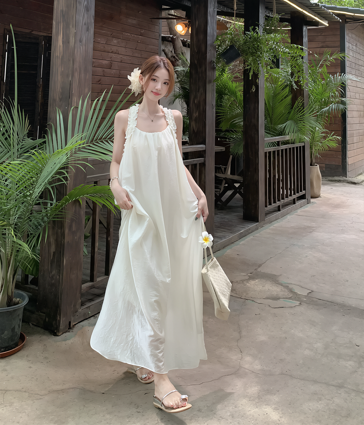【dress】ノースリーブＴストラップバックロングワンピース Q8593