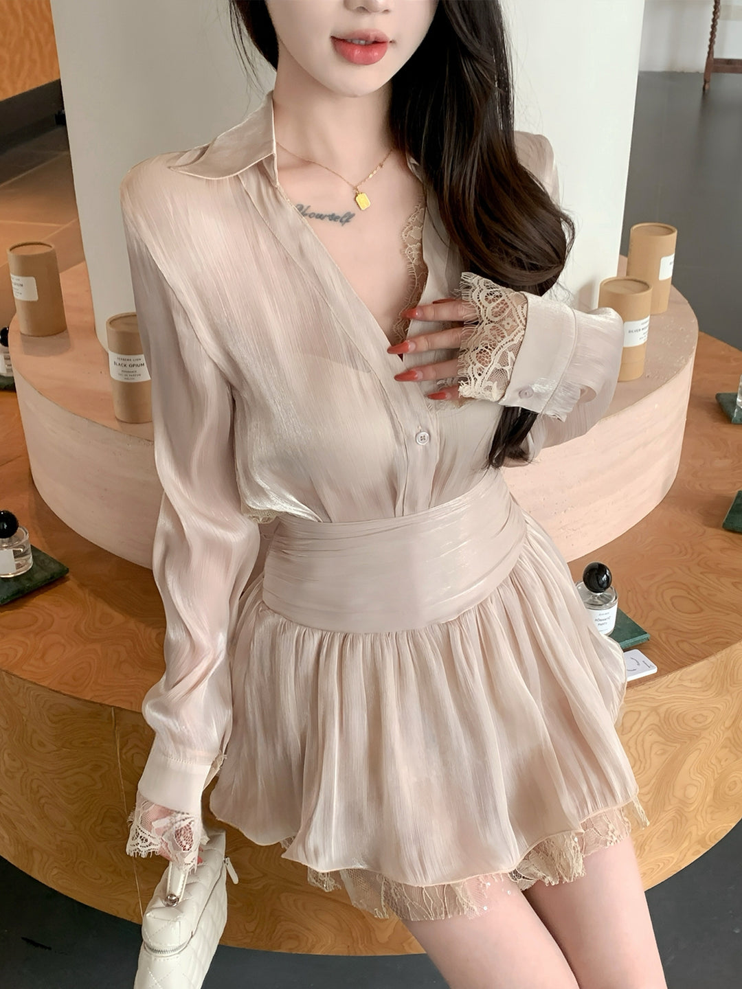 【set】レースドッキングトップス×ミニスカートセット Q9055