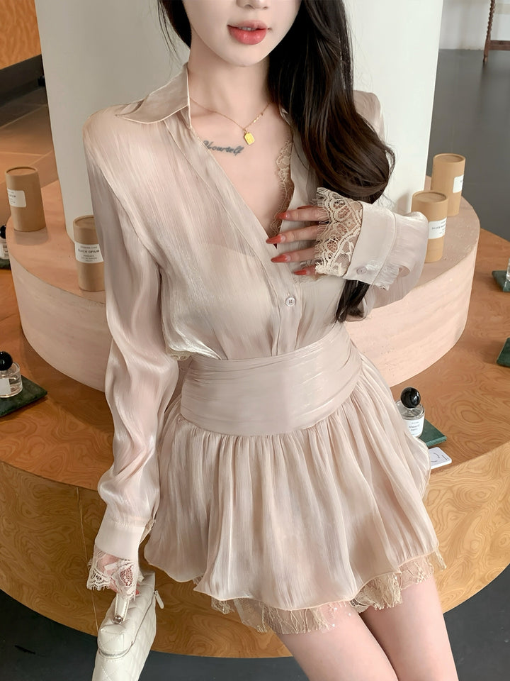 【set】レースドッキングトップス×ミニスカートセット Q9055