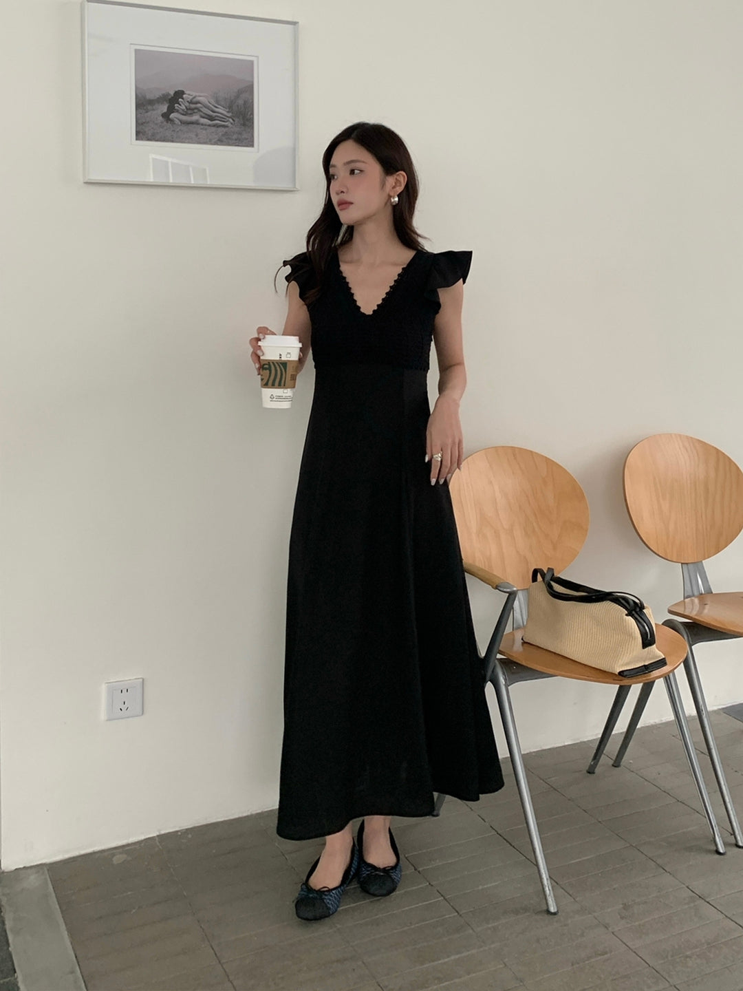 【dress】レースドッキングフラッタースリーブワンピース Q8672