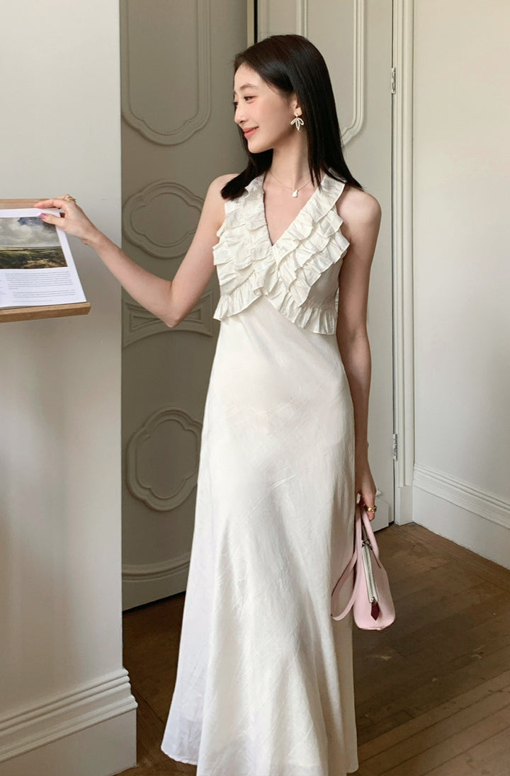 【dress】ノースリーブVネックギャザーフリルワンピース Q8678