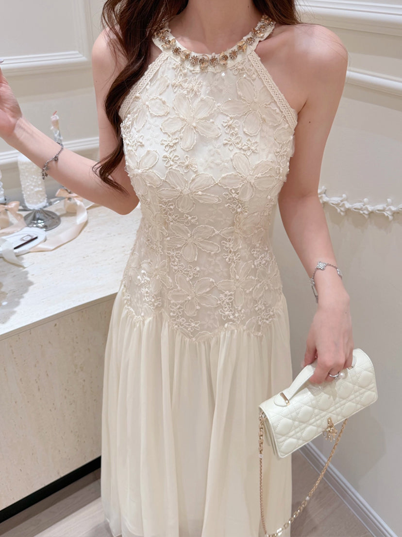 【dress】ノースリーブレースドッキングロングワンピース Q8685